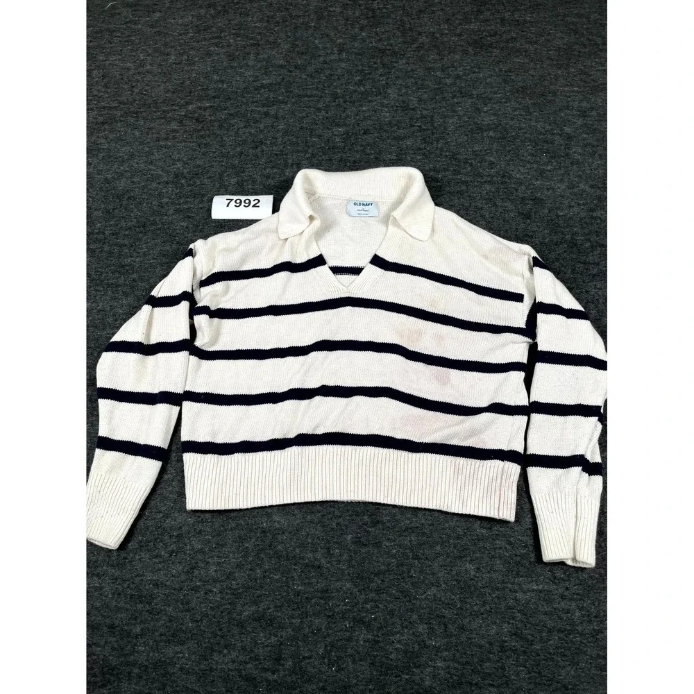 Old Navy Cropped Sweater Womens‎ Medium White Black Striped Tight Knit Winter